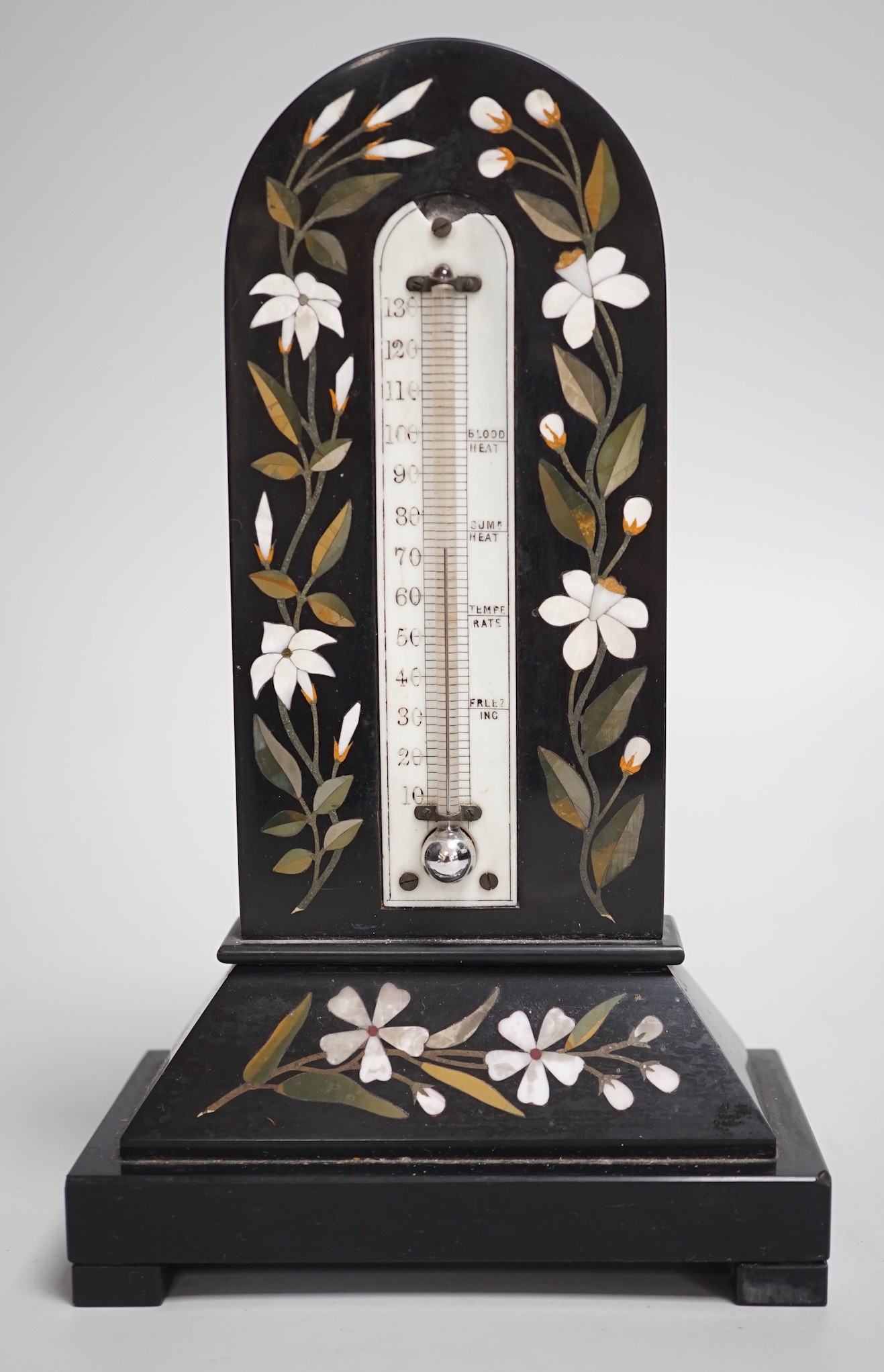 A late 19th century Italian pietra dura thermometer. 22cm high
